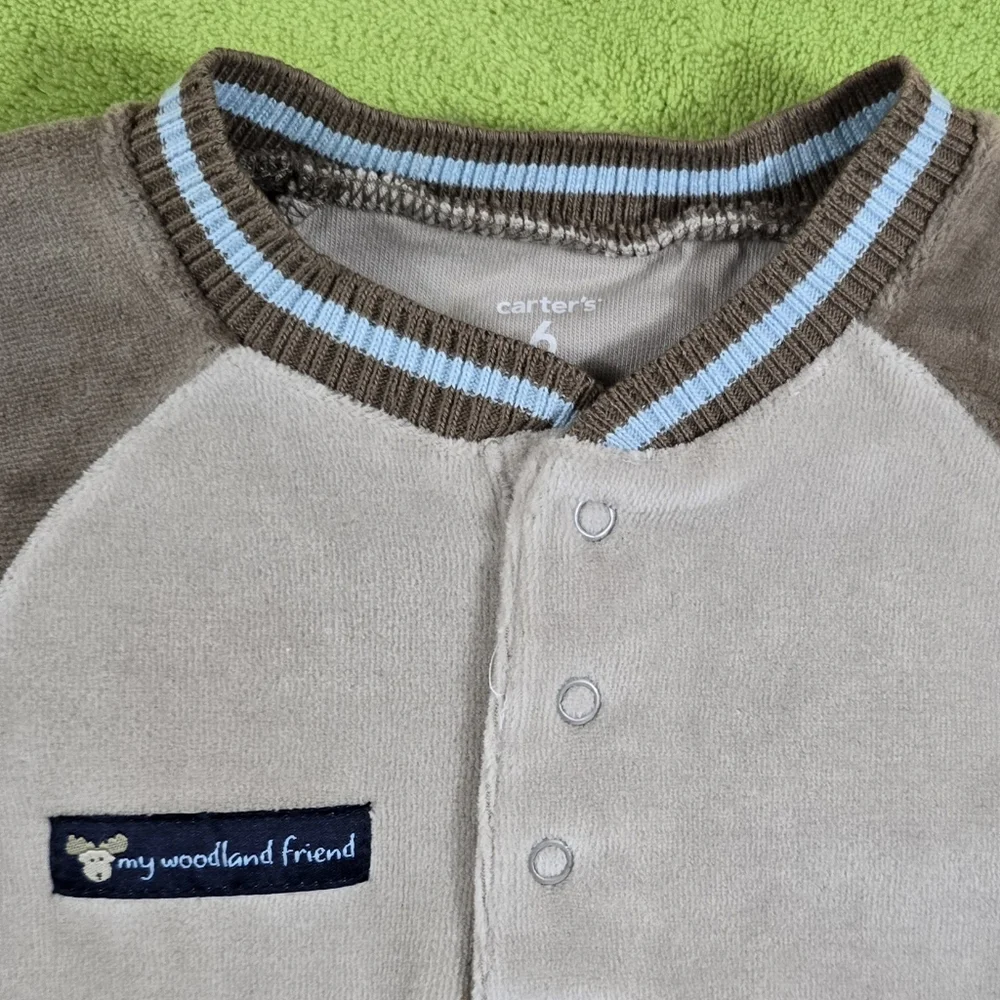 NWT 3-6M Baby BOYS Soft VELOUR Jumpsuit - Romper BROWN MOOSE + Blue Accent (Q3)